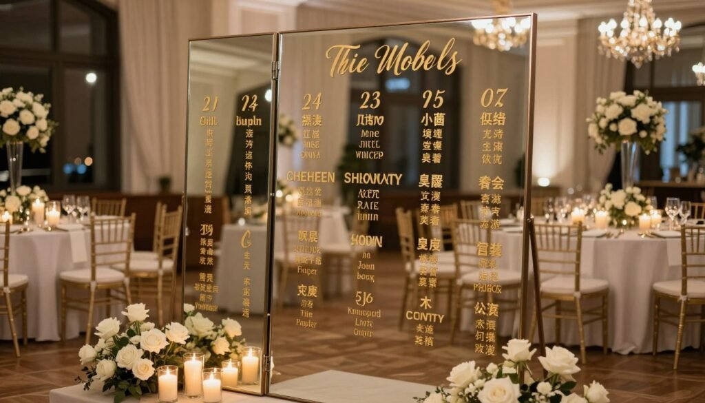 mirror sign displaying wedding table numbers with romantic lighting