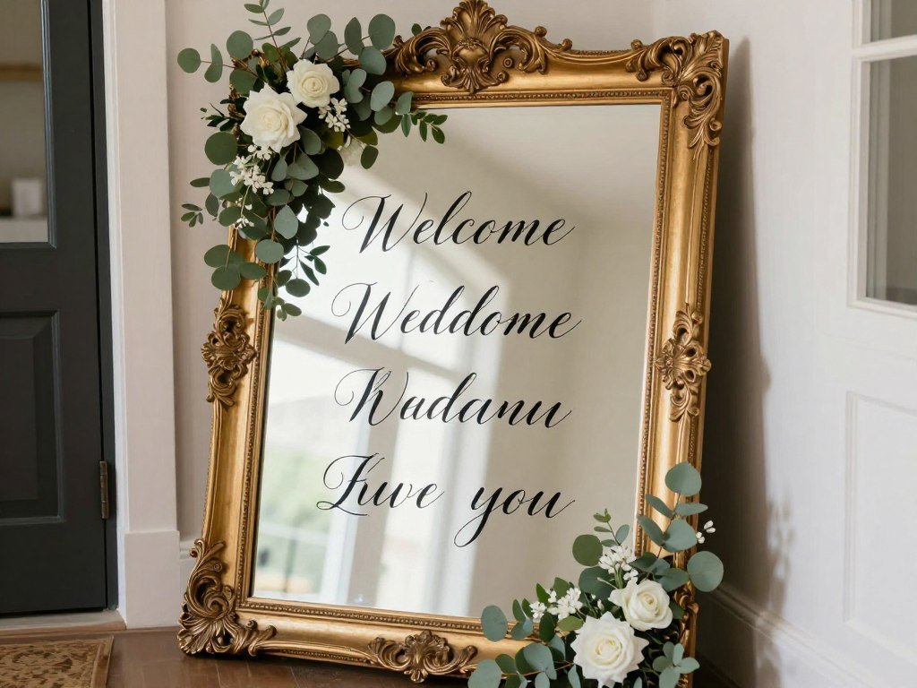 mirror sign with custom calligraphy welcome message