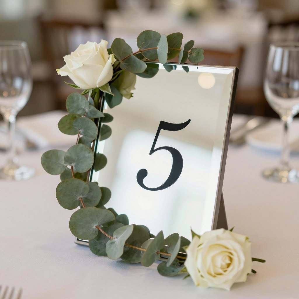 mirror table number with calligraphy and greenery