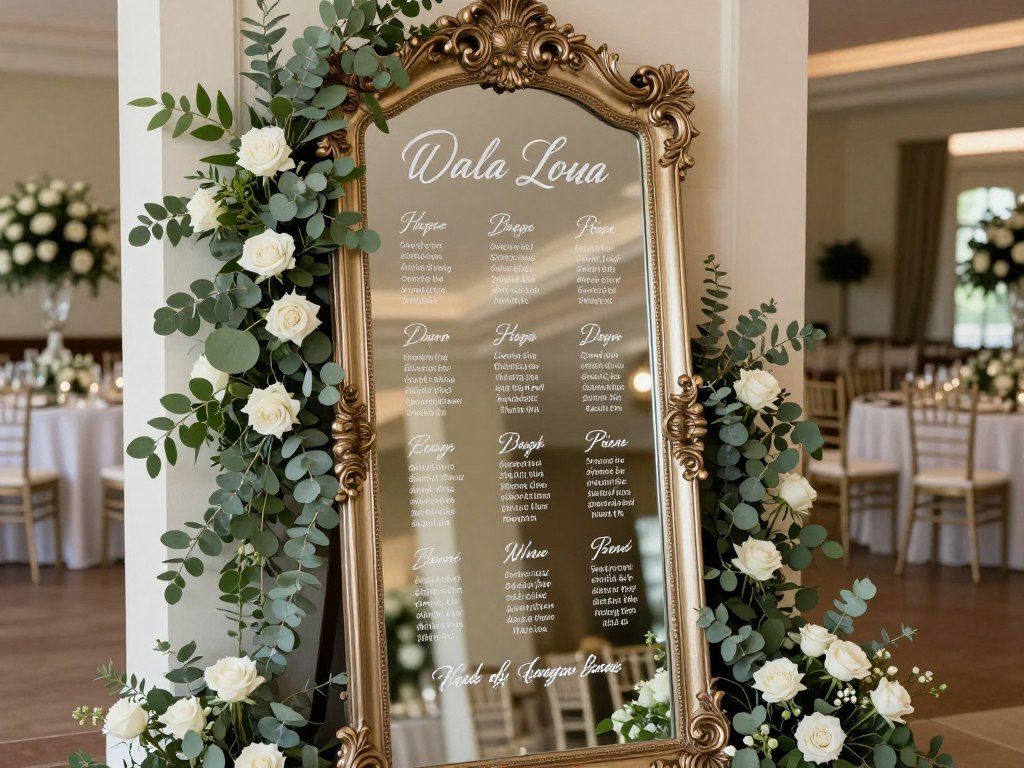 mirror wedding seating chart with white calligraphy and floral border mirror wedding seating chart with white calligraphy and floral border