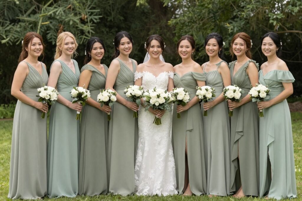 mismatched bridesmaid dresses in coordinated color