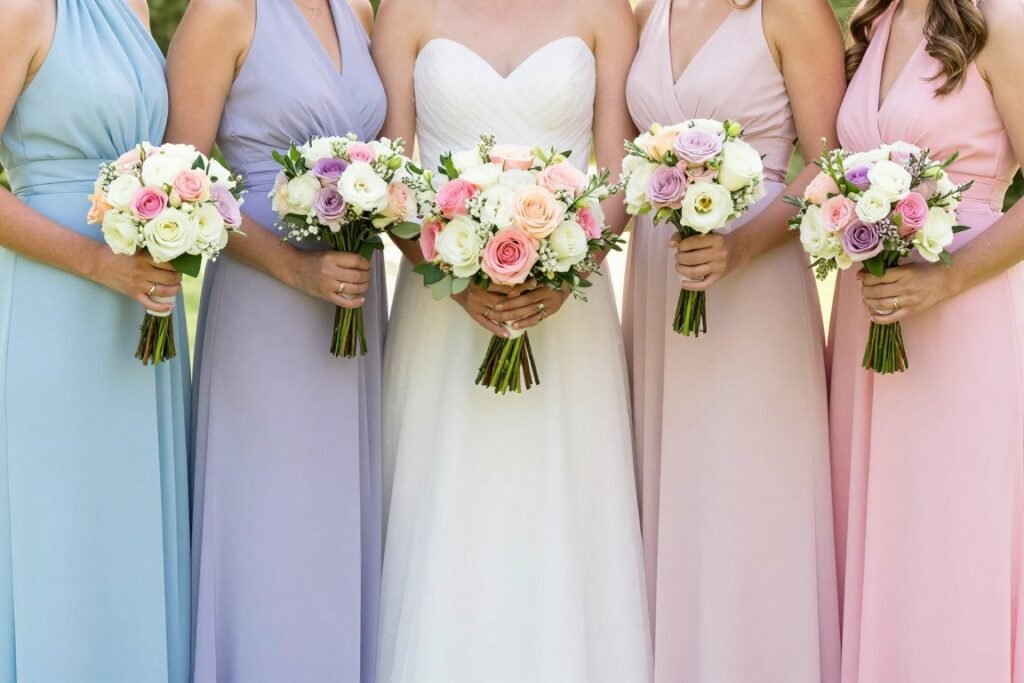 mix match pastel bouquets with coordinated bridesmaid dresses mix match pastel bouquets with coordinated bridesmaid dresses