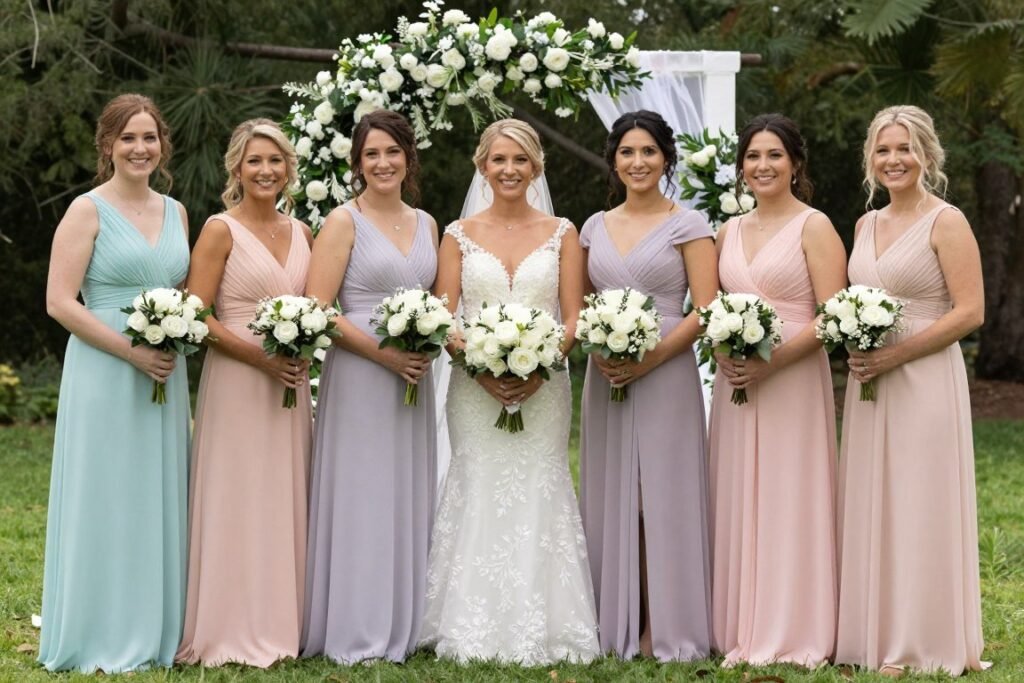 mix match pastel bridesmaid dresses in coordinated color palette mix match pastel bridesmaid dresses in coordinated color palette