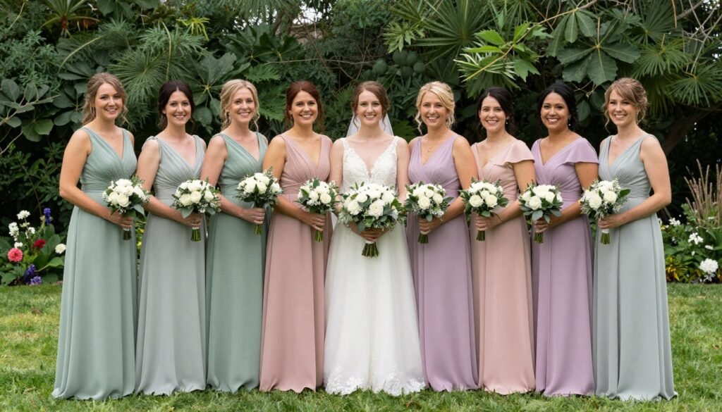 mixed color bridesmaid dresses coordinated garden party