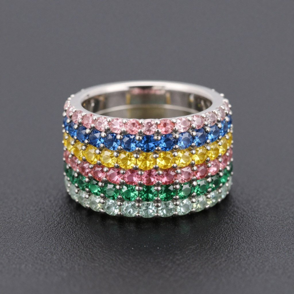 mixed colored gemstone ring stack creating rainbow effect