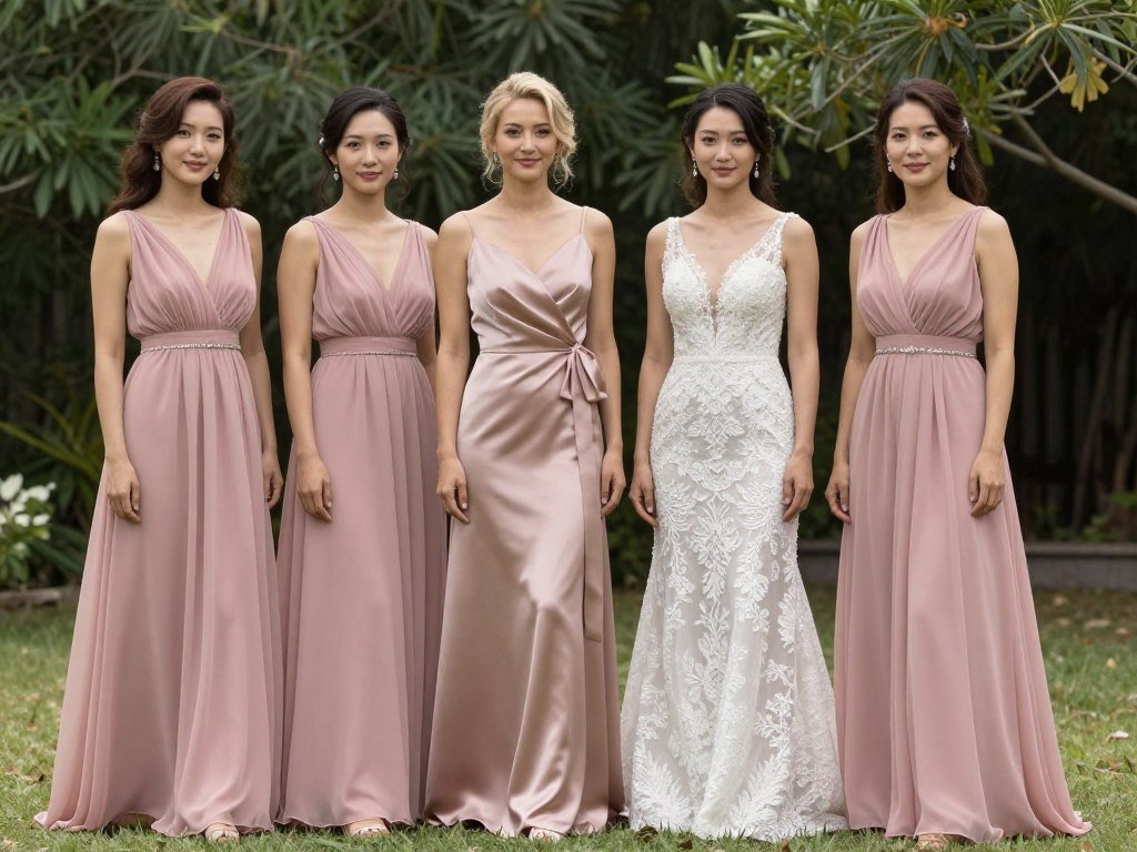 mixed fabric bridesmaid dresses in same color family showing chiffon and satin combinations