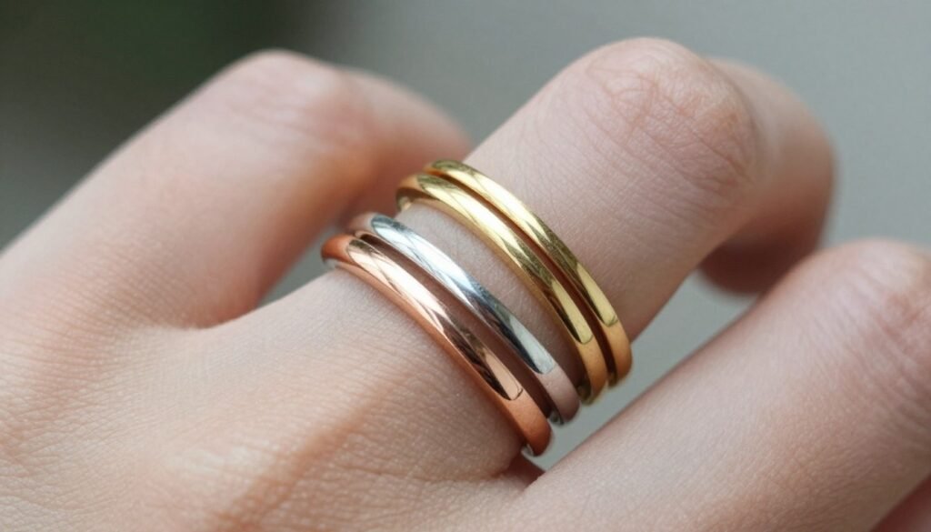 mixed metal ring stack combining rose gold white gold and yellow gold