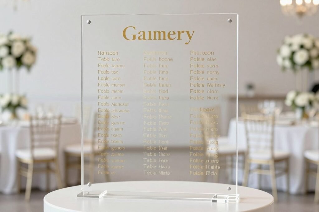 modern acrylic seating chart with gold lettering and lucite stand modern acrylic seating chart with gold lettering and lucite stand
