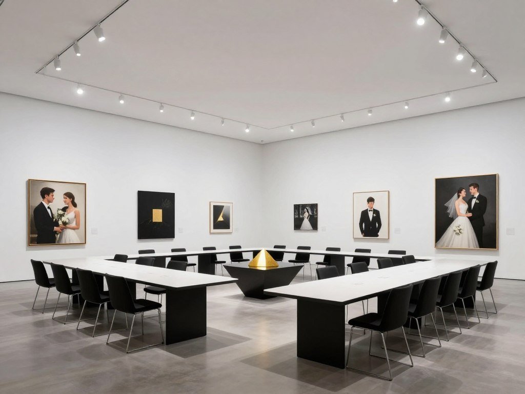 modern art gallery micro wedding reception with contemporary decor