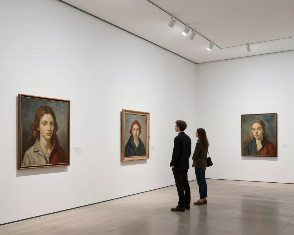 modern art gallery with couple admiring artwork