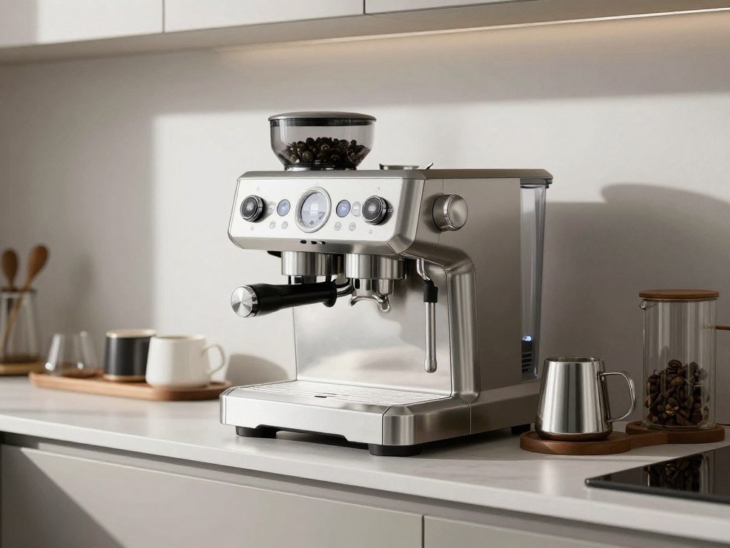 modern espresso machine and coffee accessories on kitchen counter