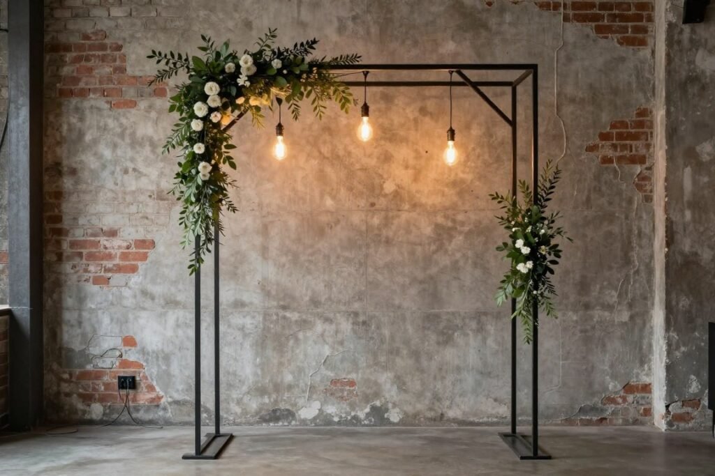 modern industrial wedding arch in loft venue