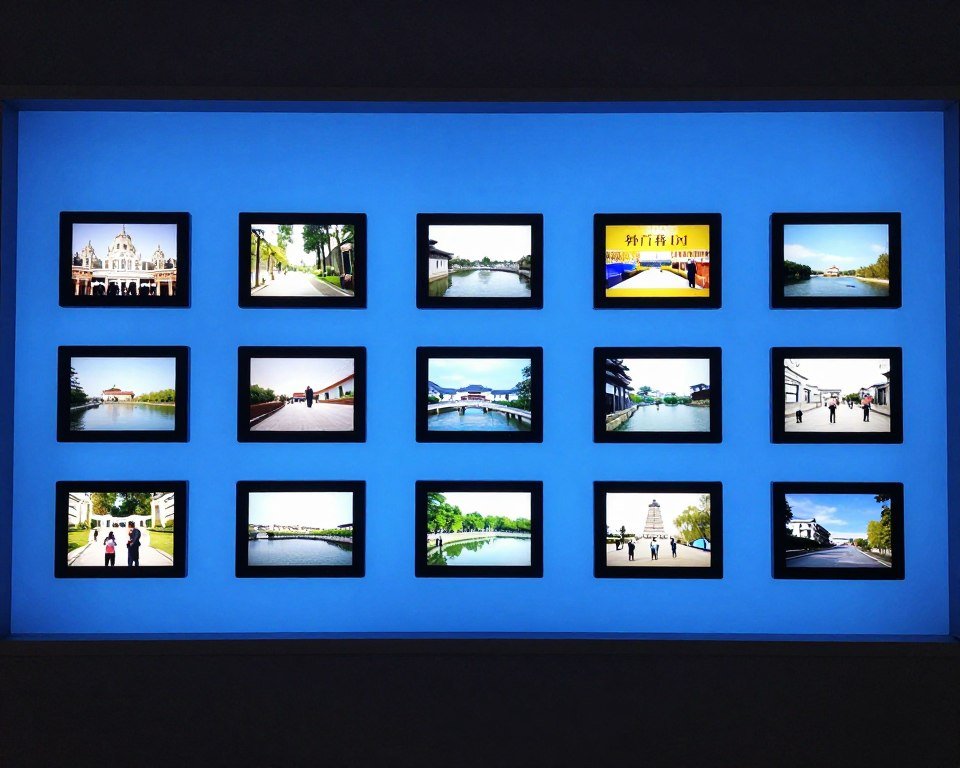 modern memorial with multiple screens displaying memories