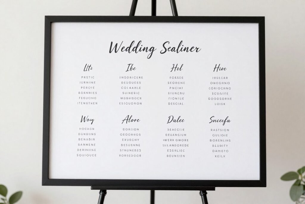 modern minimalist wedding seating chart in black frame with clean typography