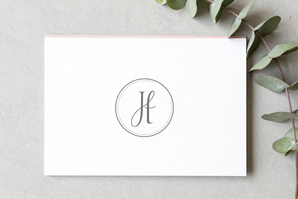 modern minimalist wedding thank you card with simple monogram on blush paper