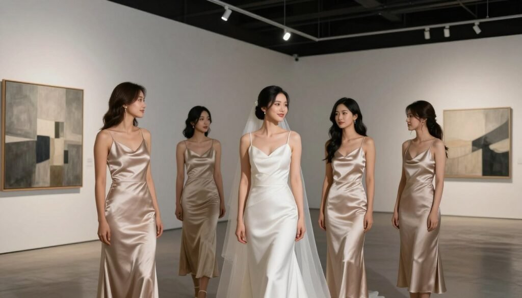 modern minimalist wedding with sleek satin bridesmaid dresses