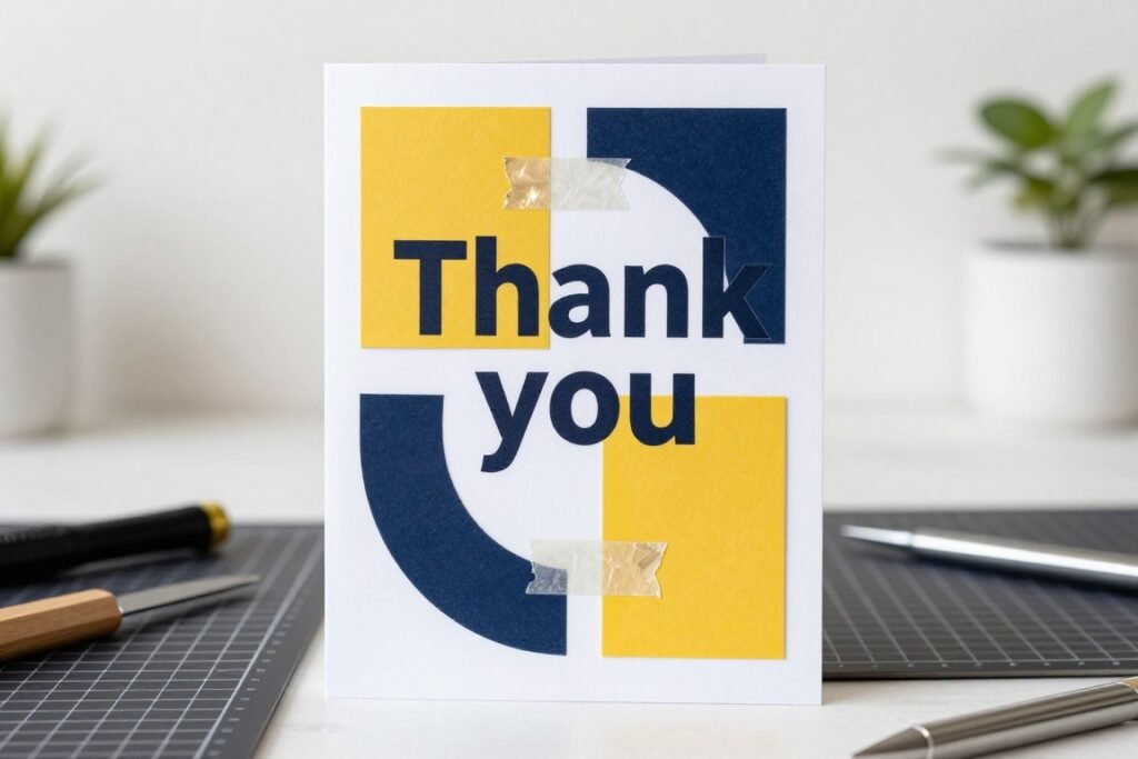 modern mixed media thank you card with geometric elements and bold colors