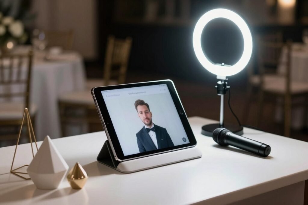 modern technology guest book station with tablet, video recording setup, and digital display at wedding reception modern technology guest book station with tablet, video recording setup, and digital display at wedding reception