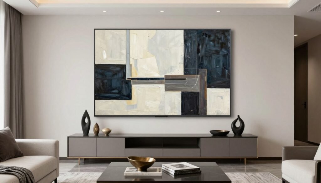 modern wall art and decorative pieces in stylish living room