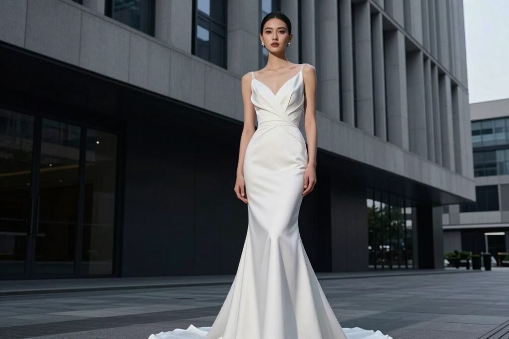 modern wedding dress in urban architectural setting