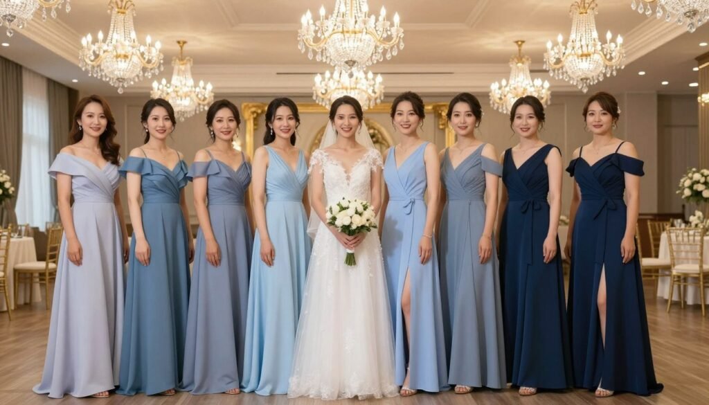 monochromatic blue bridesmaid dresses in various shades from powder to navy creating elegant unity