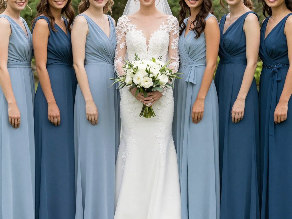 monochromatic bridesmaid dresses in shades of blue