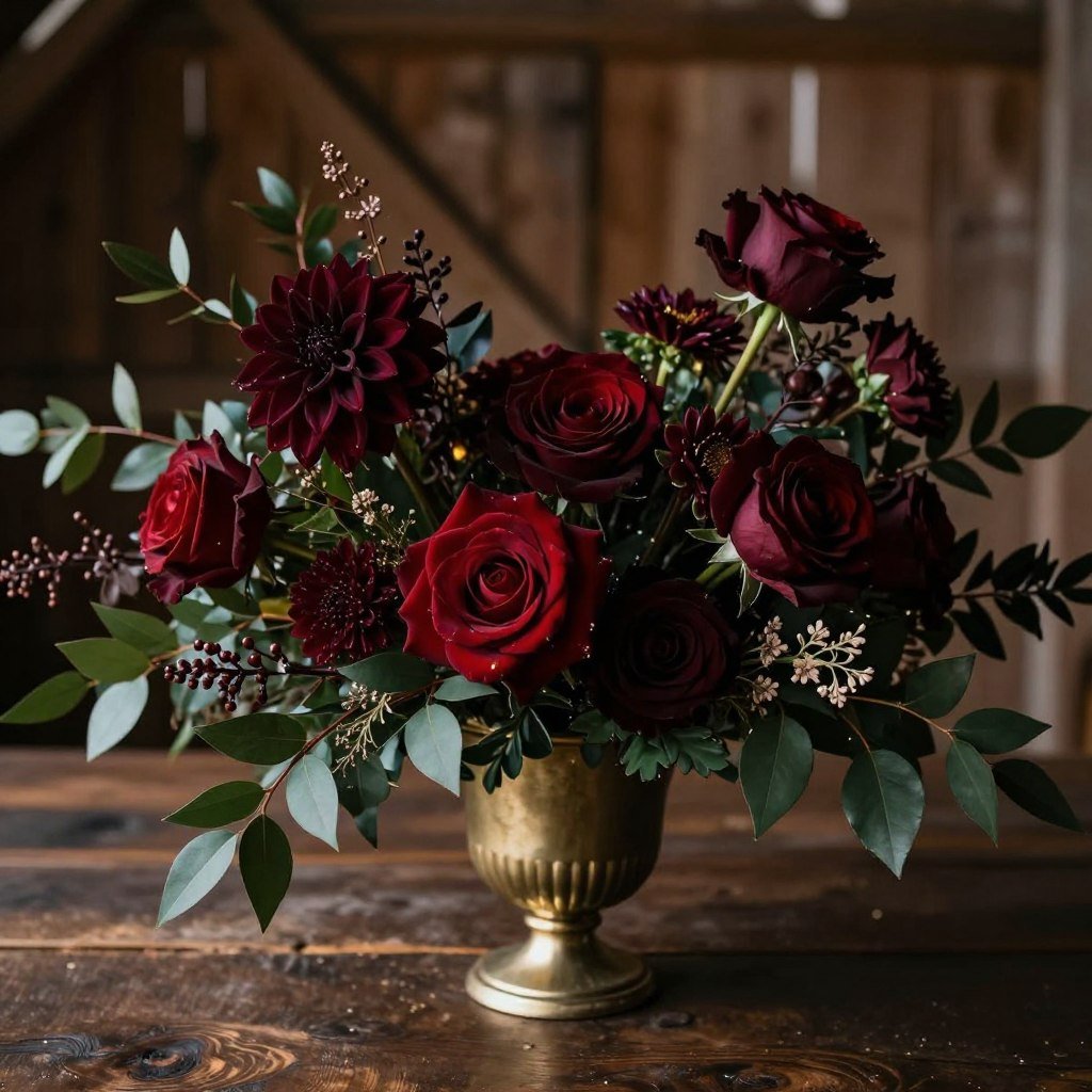 monochromatic burgundy wedding flowers