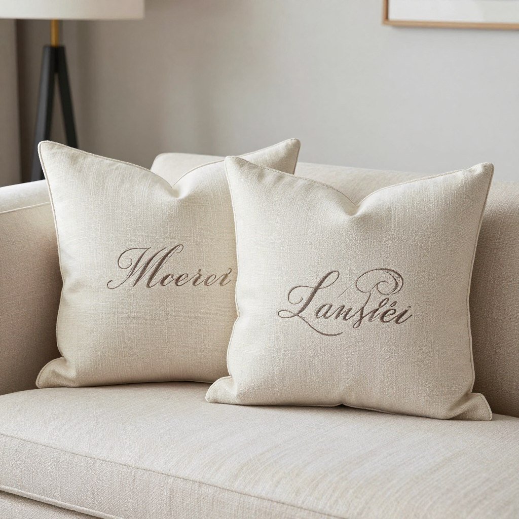 monogrammed throw pillows with couple's initials on living room couch