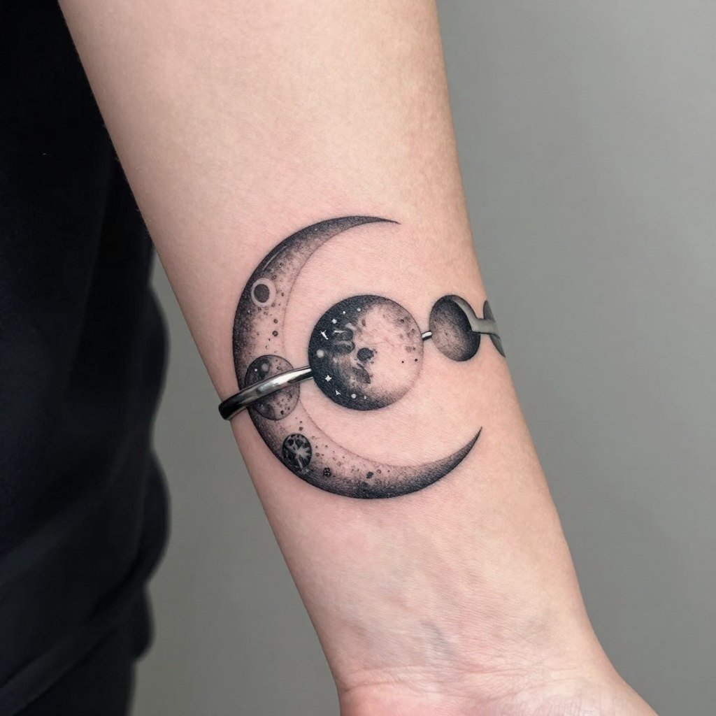 moon phase wedding ring tattoo showing lunar cycle around finger