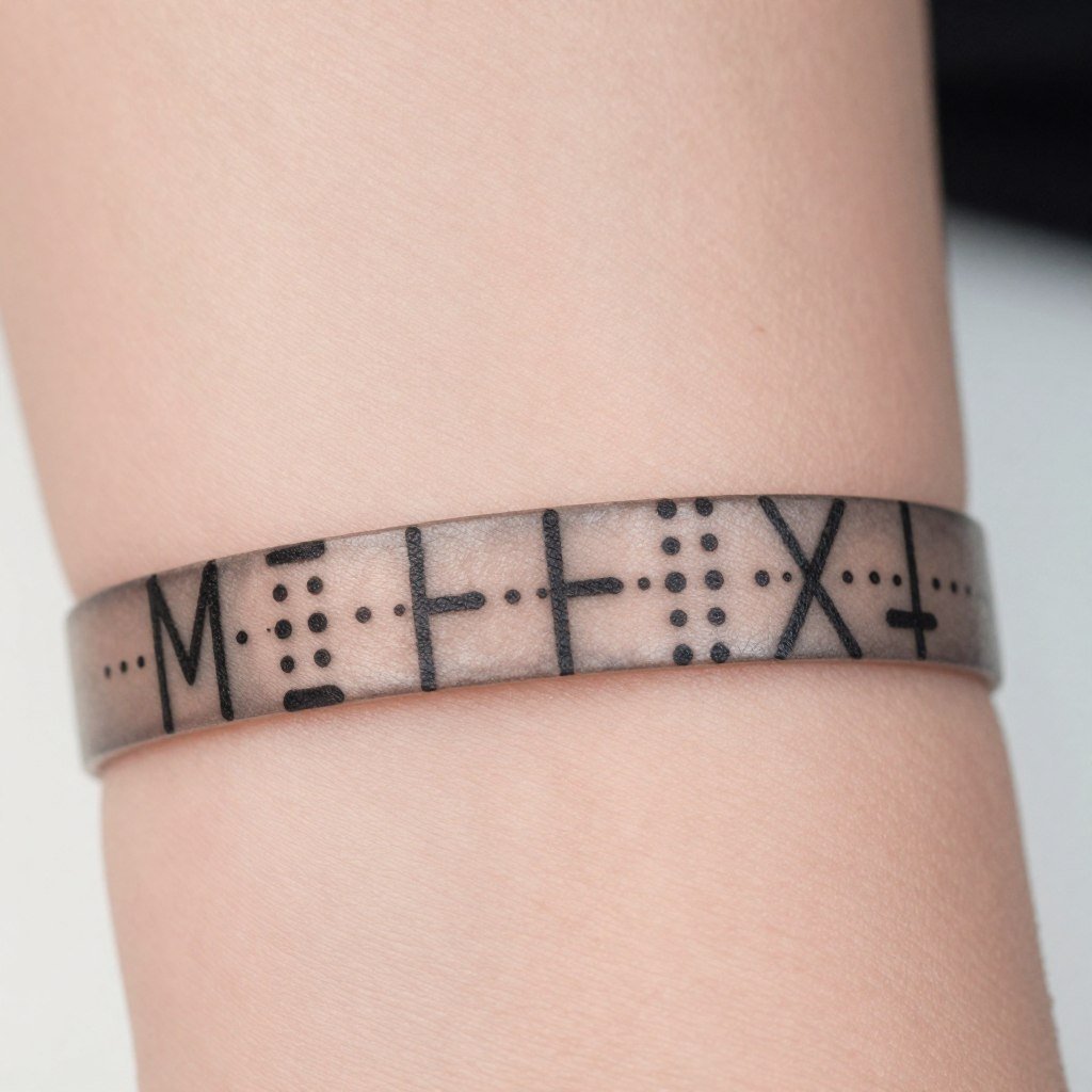 morse code wedding ring tattoo showing dots and dashes with hidden message