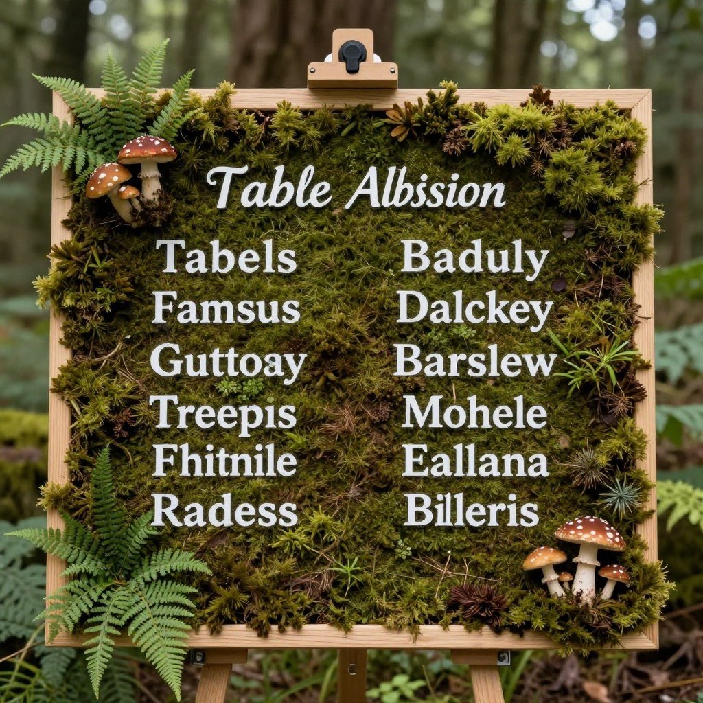 moss covered seating chart sign with woodland theme moss covered seating chart sign with woodland theme