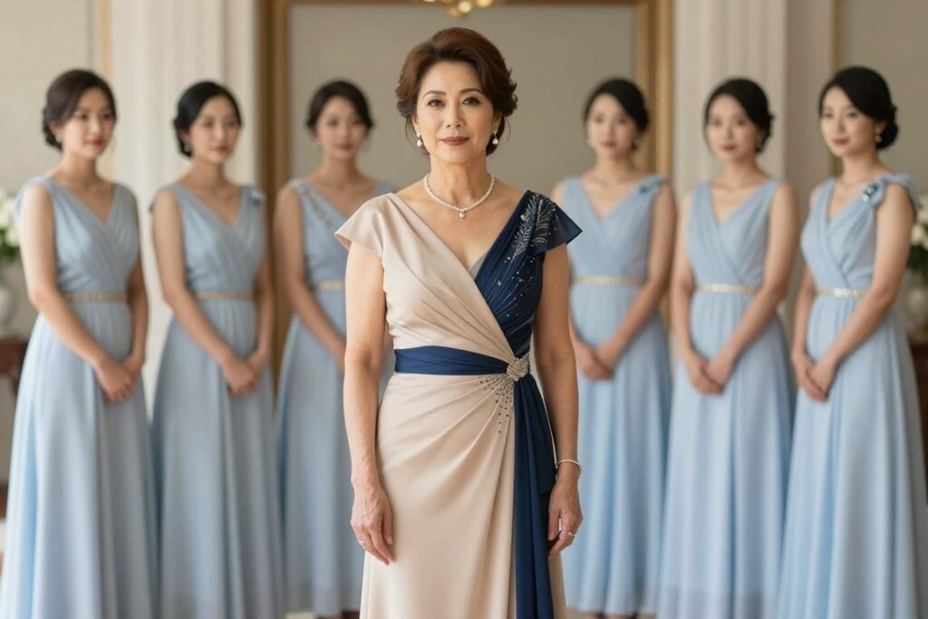 mother of bride dress coordinated with light blue bridesmaid dresses
