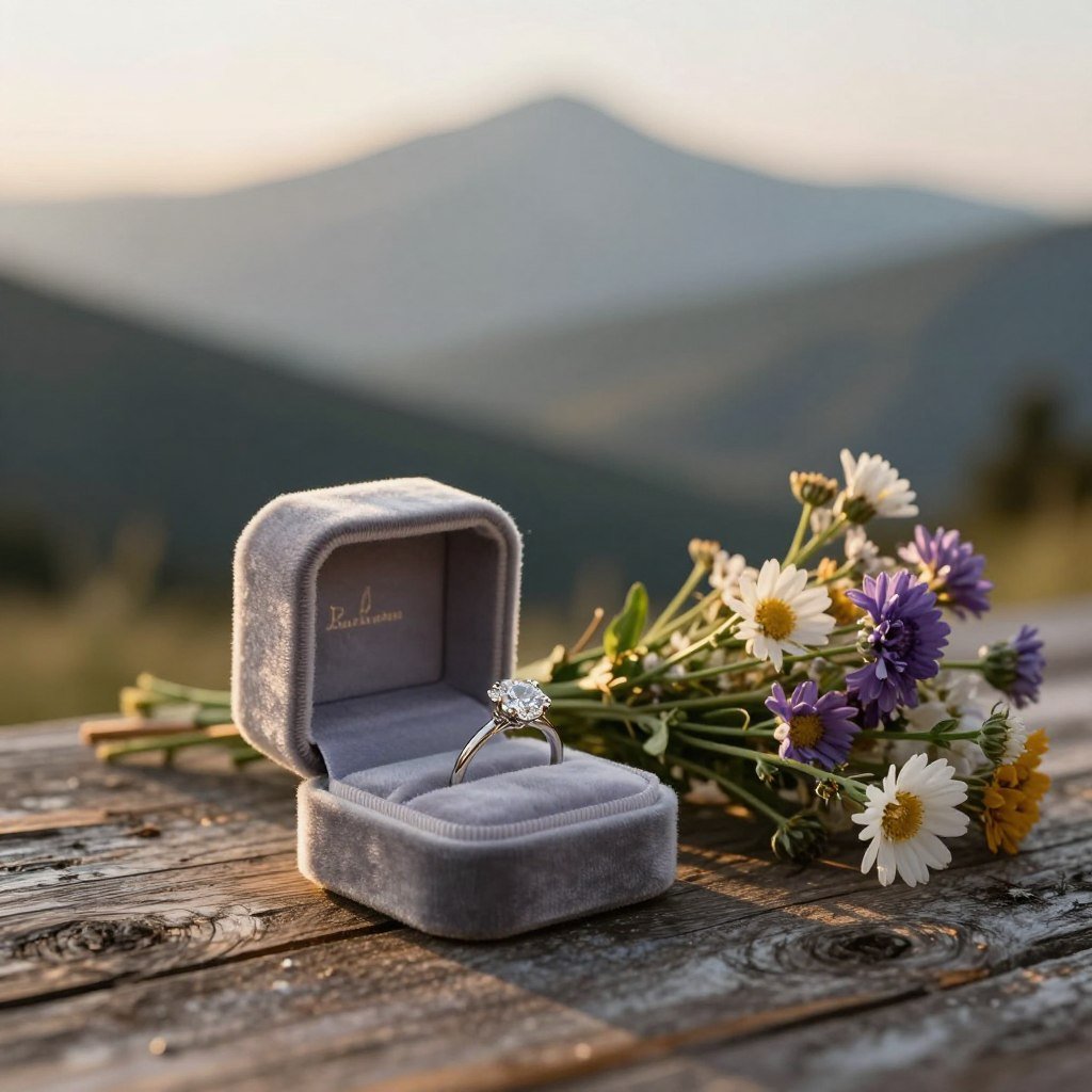 mountain peak proposal aesthetic with ring box and flowers