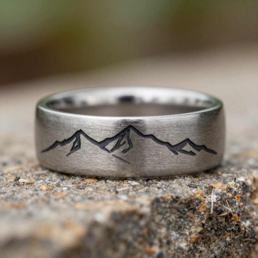 mountain range wedding ring tattoo showing outdoor adventure symbolism