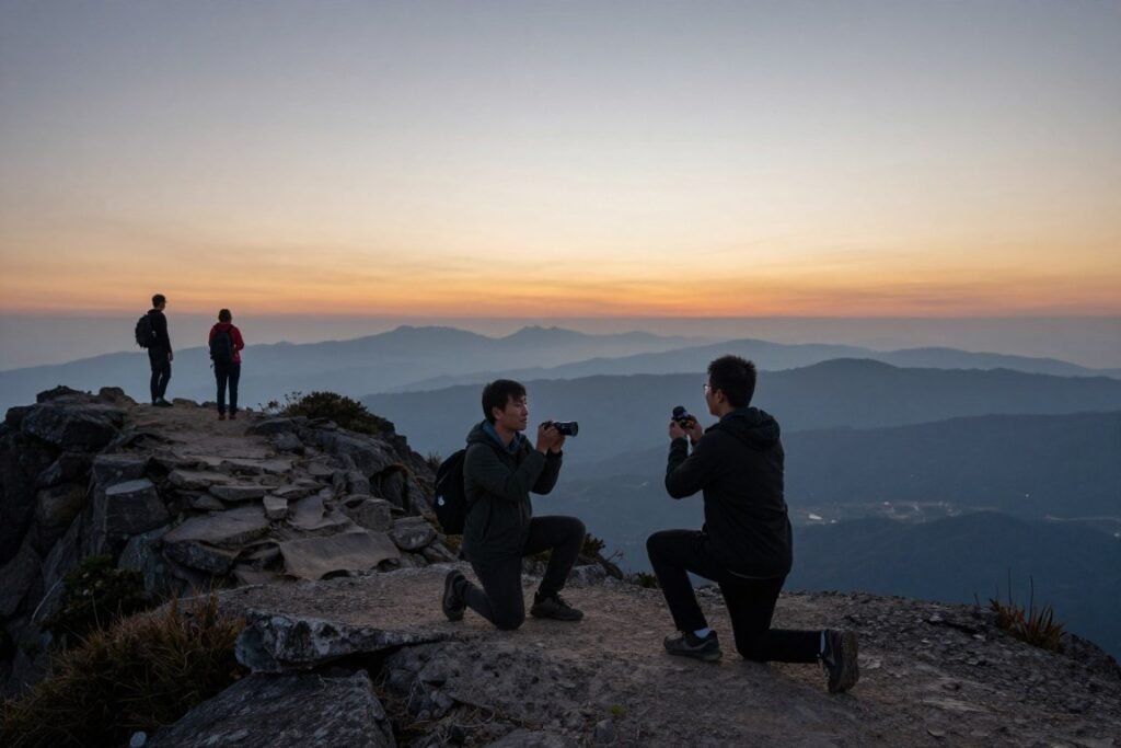 mountain summit proposal at sunrise