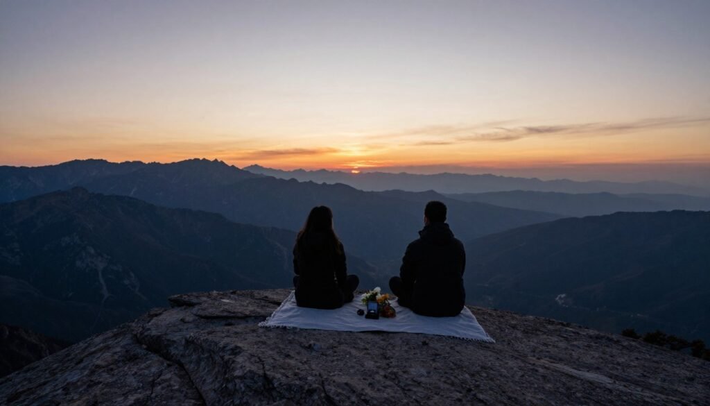 mountain top proposal aesthetic at sunrise with panoramic views