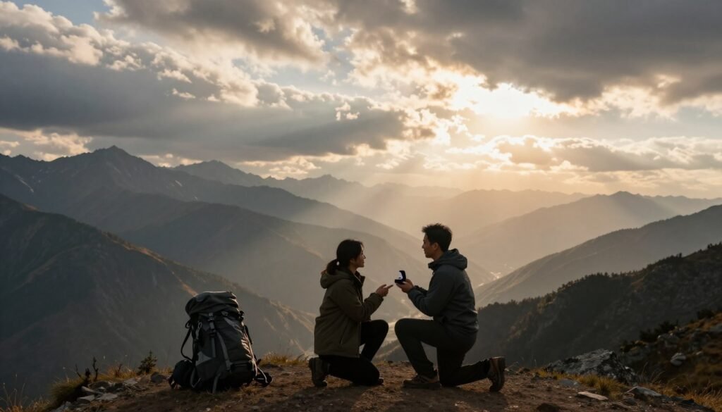 mountain top proposal with scenic vista background