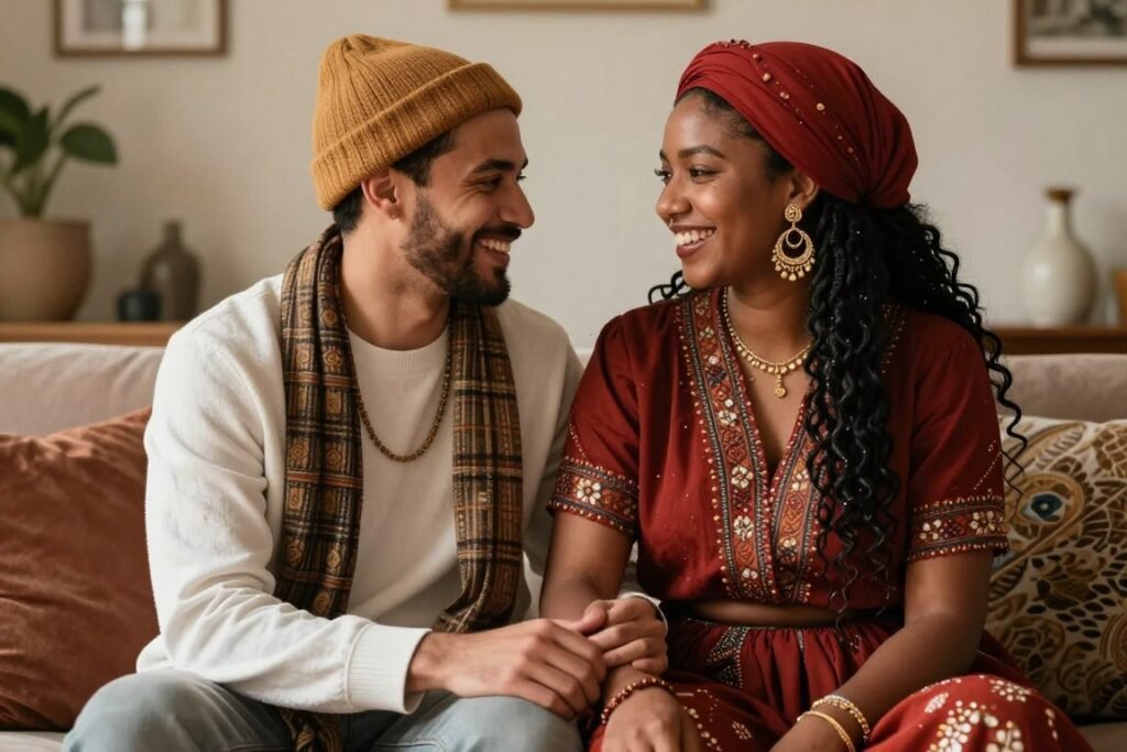 multicultural couple celebrating engagement together