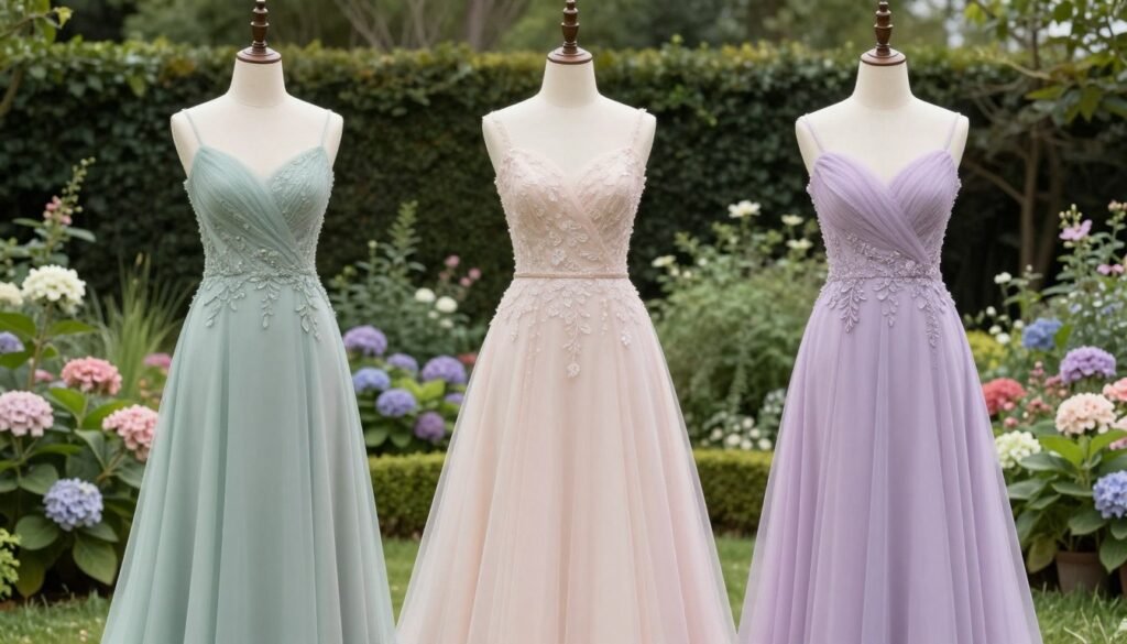 multiple A-line bridesmaid dresses different colors garden