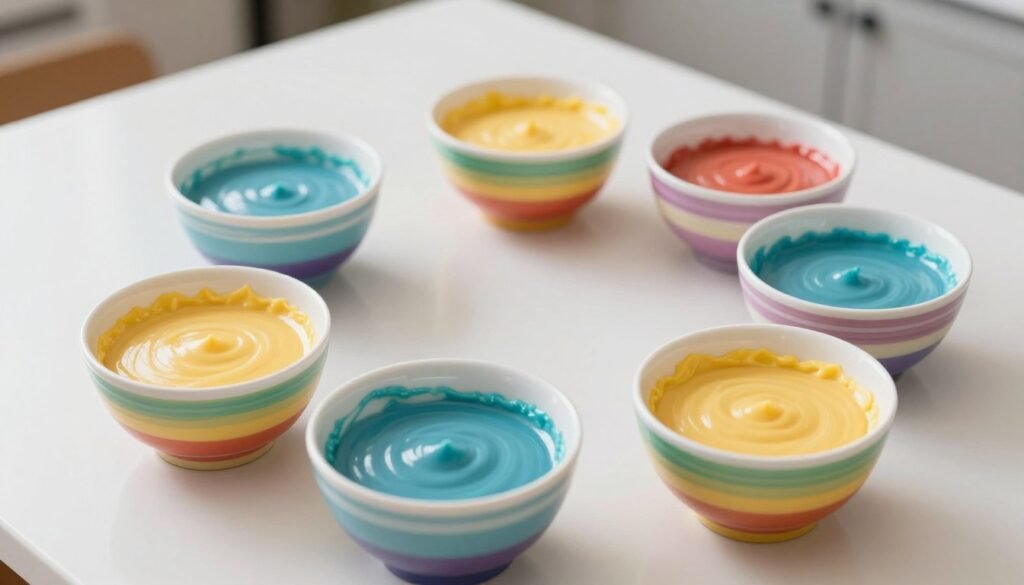 multiple bowls of colored cake batter in rainbow colors