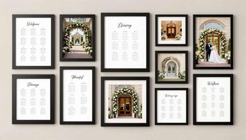 multiple framed seating charts arranged on wall
