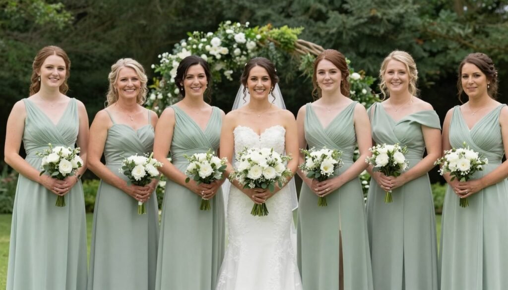 multiple sage green bridesmaid dresses garden wedding