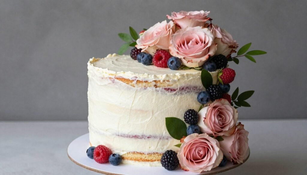naked cake decorated with fresh flowers and berries