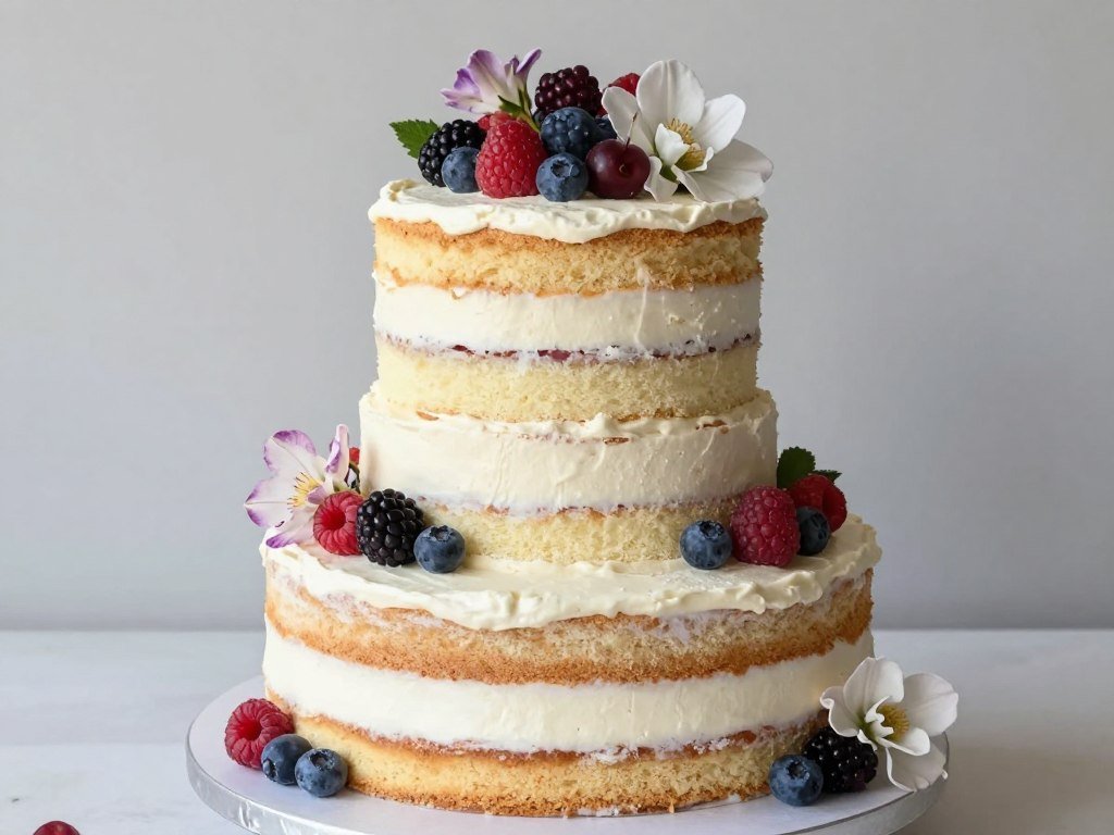 naked cake with exposed layers and minimal frosting