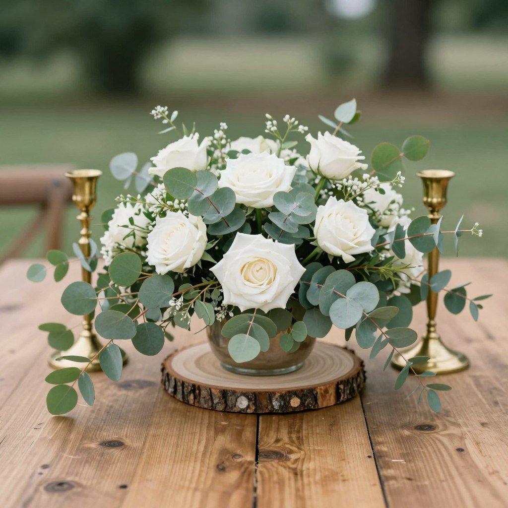 natural greenery centerpiece with wooden elements