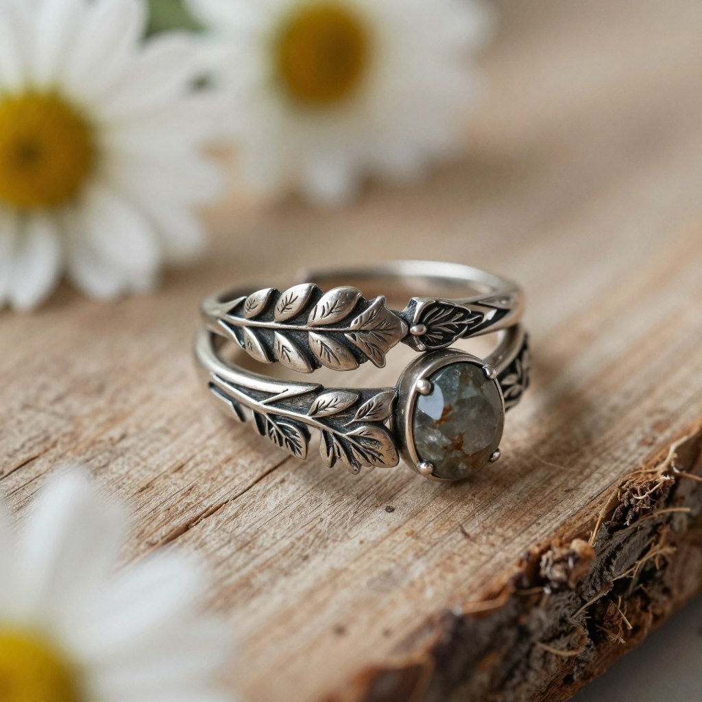 nature-inspired organic ring stack with leaf and vine details