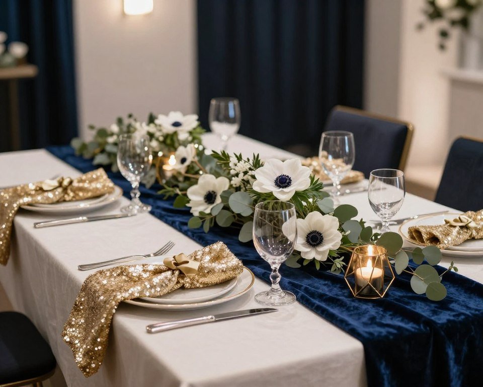 navy blue and gold winter wedding with velvet textures