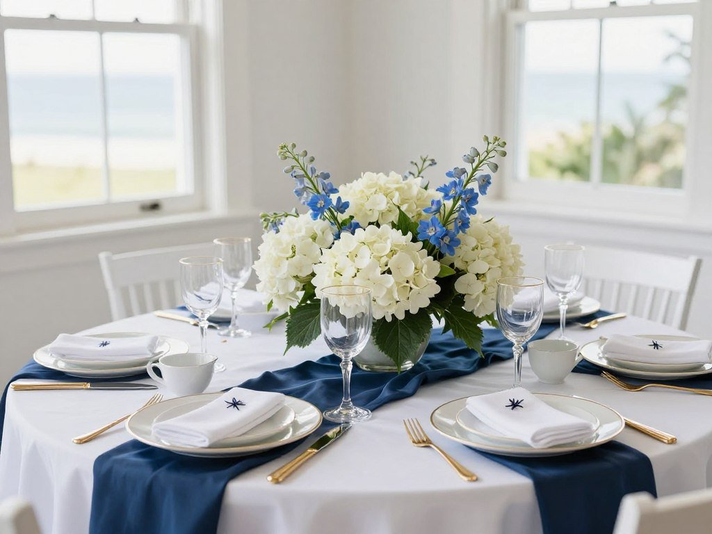 navy blue and white wedding tablescape with gold accents