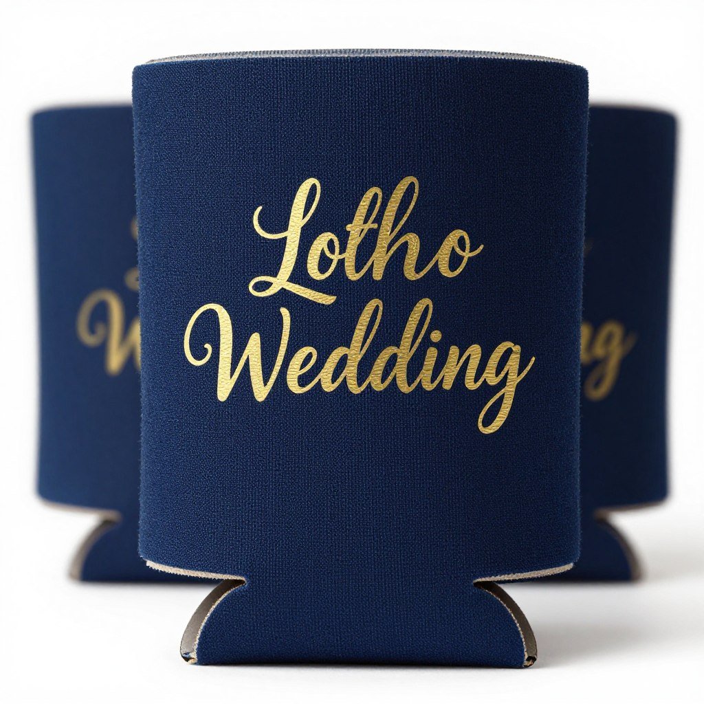navy blue modern wedding koozie with gold text