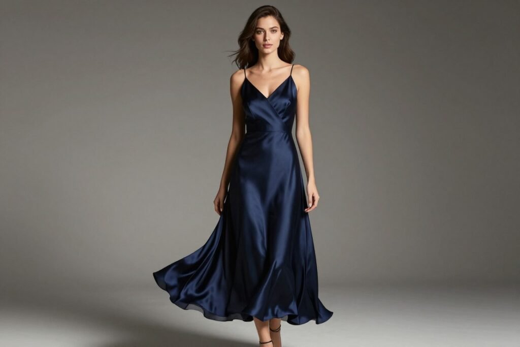 navy blue slip satin bridesmaid dress